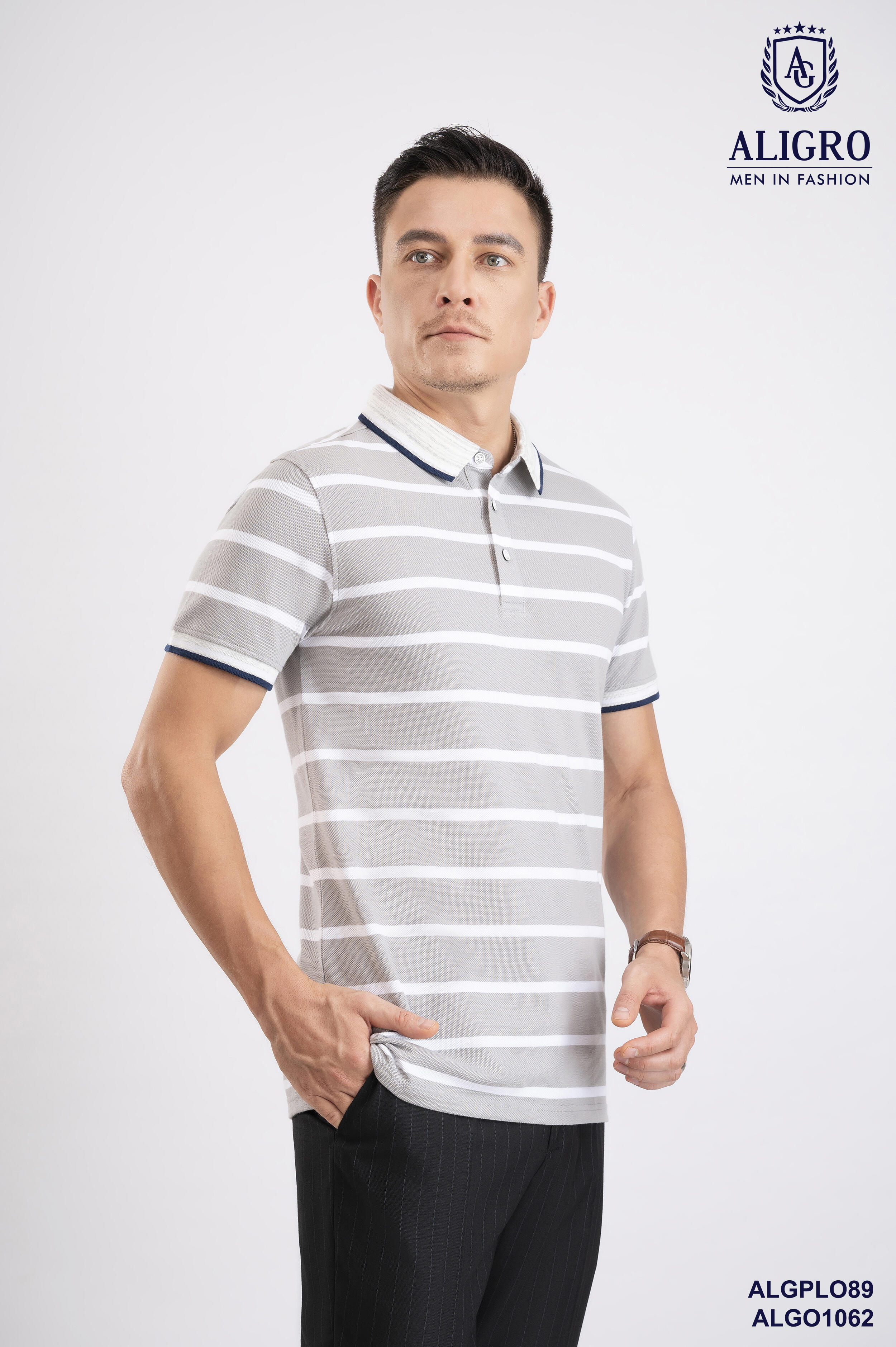 Áo polo nam ngắn tay cao cấp Aligro ALGPLO89 chất liệu 100% cotton form SLIMFIT kẻ ngang ghi-trắng