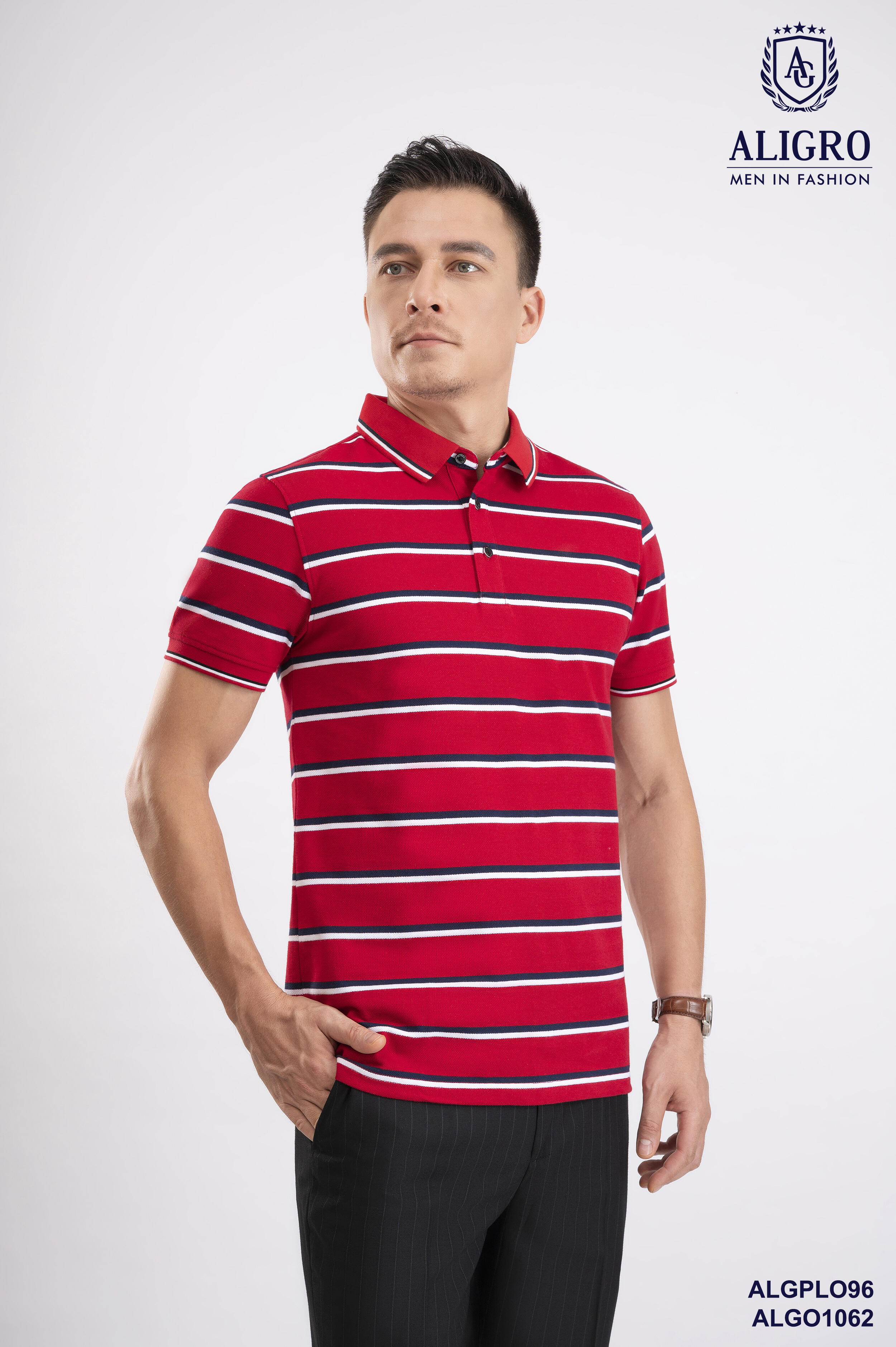 Áo polo nam ngắn tay cao cấp Aligro ALGPLO96 chất liệu 100% cotton form SLIMFIT kẻ ngang đỏ-navy-trắng