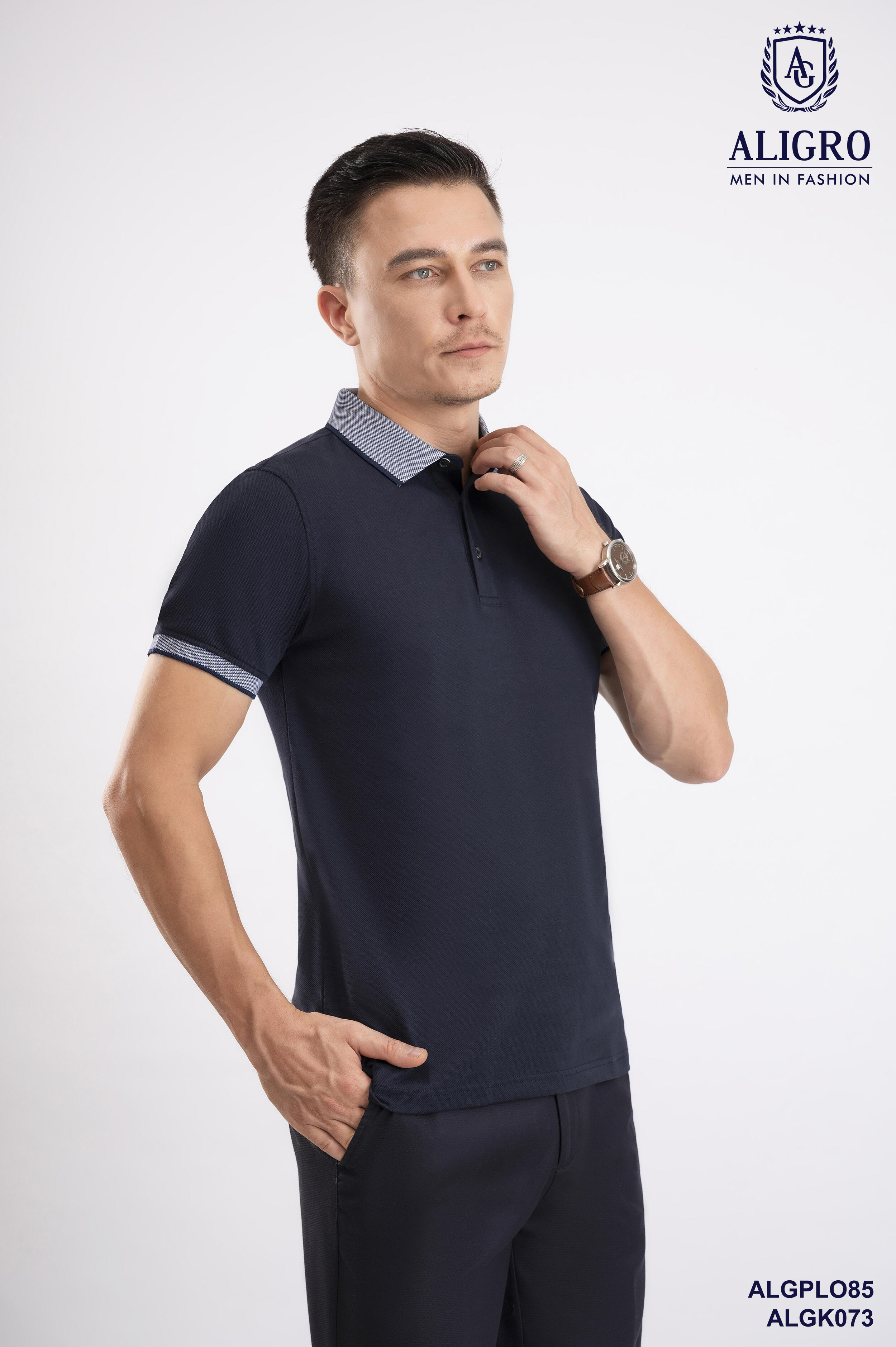 Áo polo nam ngắn tay cao cấp Aligro ALGPLO85 chất liệu 100% cotton form SLIMFIT màu xanh navy