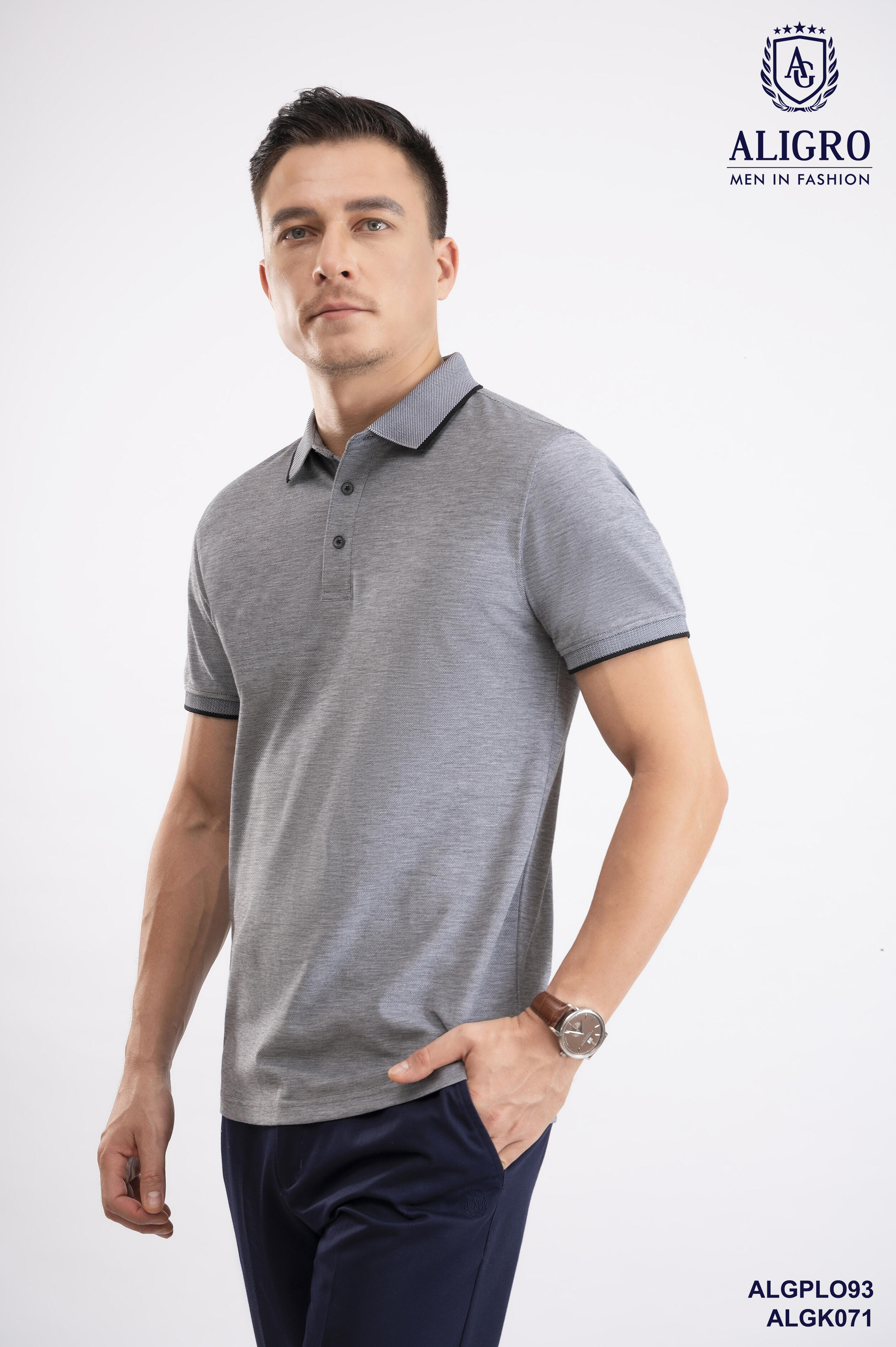 Áo polo nam ngắn tay cao cấp Aligro ALGPLO93 chất liệu 100% cotton form SLIMFIT phối 2 màu sợi ghi-đen