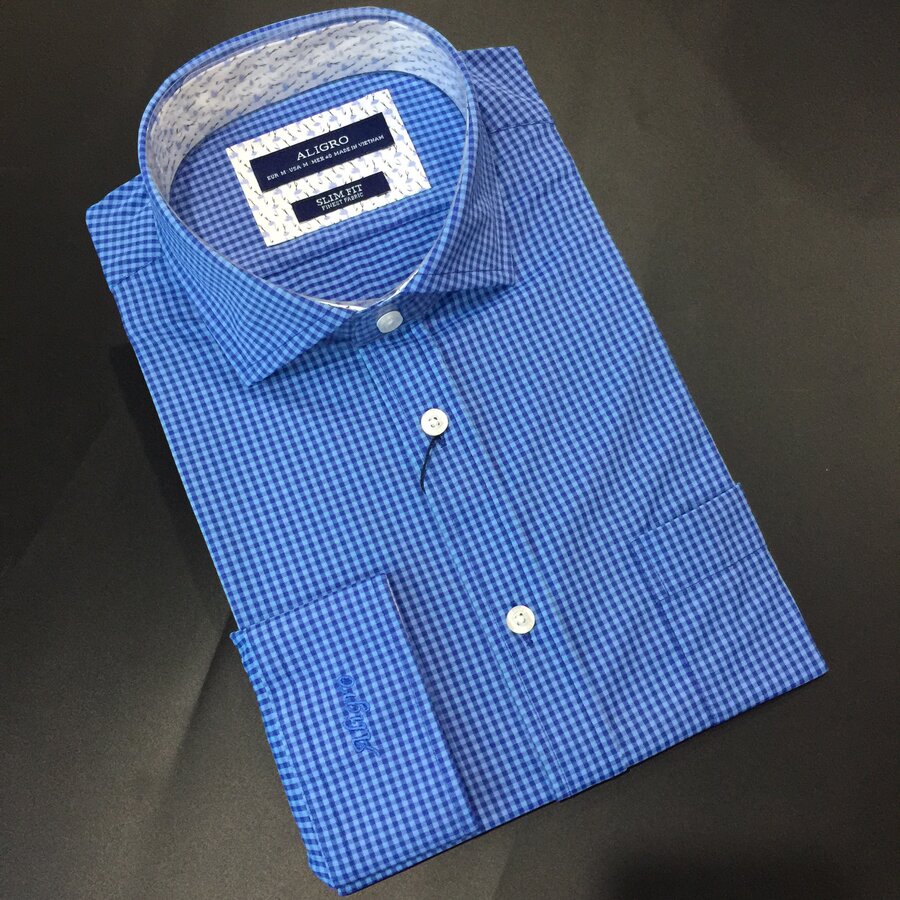 Áo sơ mi dài tay công sở cao cấp Aligro ALGS179 dáng Slimfit màu xanh kẻ caro xanh kẻ caro